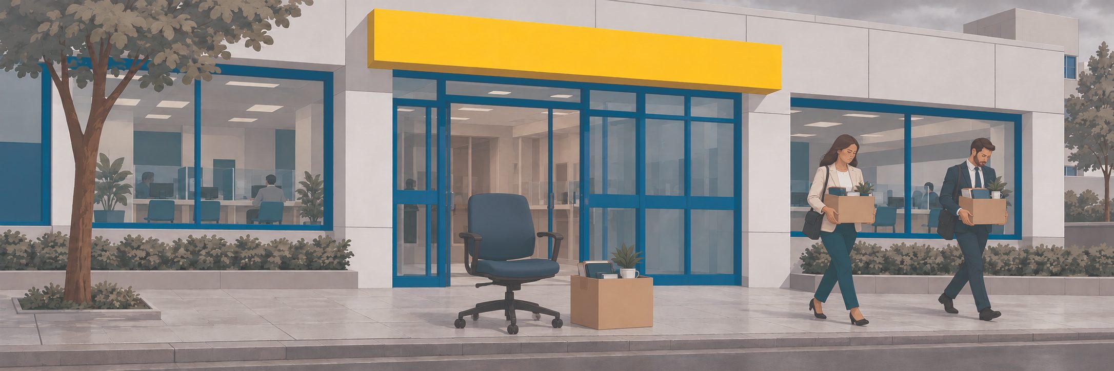 Fachada de agência bancária com dois funcionários na entrada