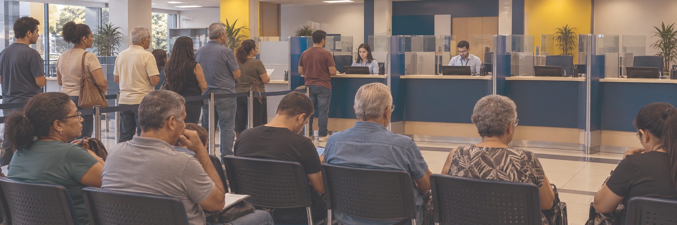 Interior de agência bancária cheia, com clientes sendo atendidos
